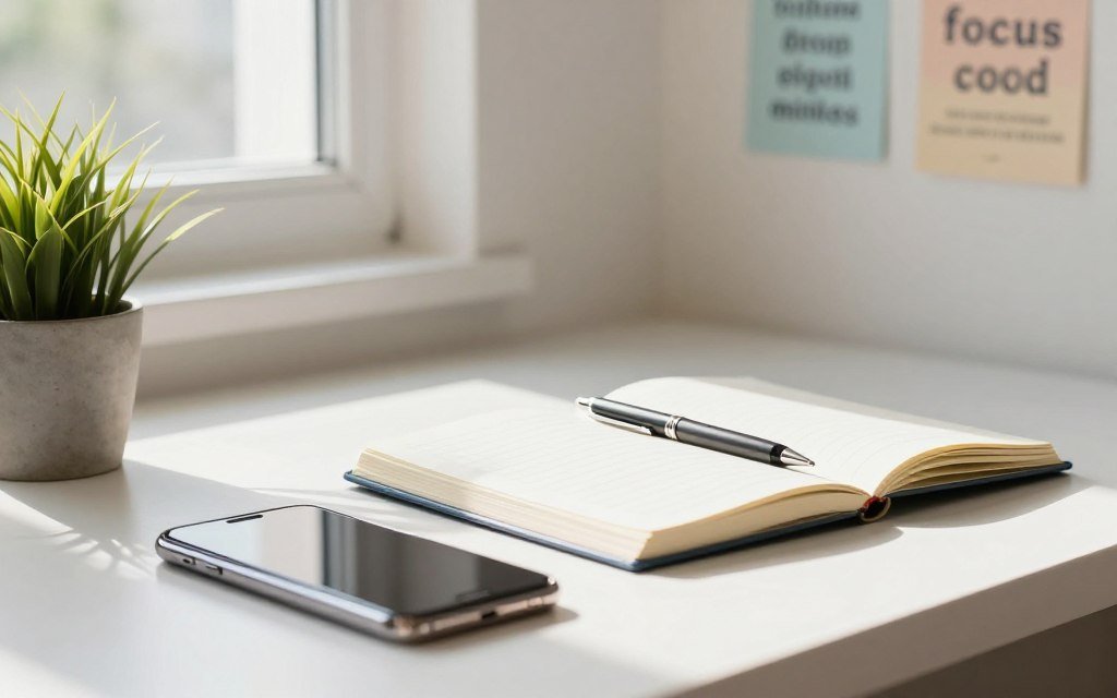 A serene workspace designed for digital detox tips, featuring a minimalist desk with an open notebook, a stylish pen, and a potted plant for a touch of nature. Foreground shows a smartphone turned face down, emphasizing the idea of disconnecting. The middle layer includes soft natural light filtering through a window, casting gentle shadows, creating a calm and inviting atmosphere. In the background, a wall adorned with motivational quotes about focus and mindfulness, in soft pastel colors. The scene evokes tranquility and clarity, ideal for auditing one’s digital environment. The camera angle captures the workspace from a slightly elevated perspective, inviting the viewer into this peaceful setting for reflection and organization, without any people included.