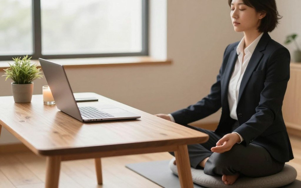 A serene workspace featuring a neatly arranged wooden desk with a closed laptop, surrounded by minimalist decor. In the foreground, a person sitting cross-legged on a comfortable meditation cushion, dressed in professional business attire, eyes closed in concentration, embodying focus and mental clarity. The middle layer includes a small potted plant and a scented candle, symbolizing relaxation and mindfulness. The background displays a softly blurred window with natural light streaming in, creating a warm, calming atmosphere. The lighting is soft and diffused, casting gentle shadows, evoking a sense of clarity and tranquility. The overall mood is peaceful and focused, ideal for illustrating mental clarity techniques.