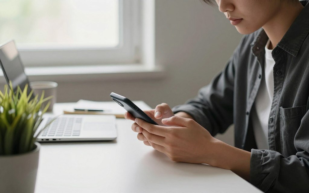 A serene workspace featuring a person seated at a desk, engaging with their smartphone mindfully. The individual, dressed in smart casual attire, is gently holding the phone, eyes focusing thoughtfully on the screen. In the foreground, a small potted plant adds a touch of nature, symbolizing growth and mindfulness. In the middle, the desk is organized with a notebook and a pen, suggesting reflection and planning. In the background, soft natural light streams through a window, illuminating the scene and creating a calm atmosphere. The overall mood is peaceful and focused, encapsulating the essence of mindful phone usage. The angle captures a side view, emphasizing the person's thoughtful posture and the simplicity of the setting.