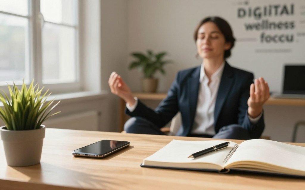 A serene workspace focused on digital wellness strategies. In the foreground, a neatly arranged desk features a closed smartphone beside a calming potted plant and an open notebook with a pen. The middle ground showcases a person dressed in professional business attire, thoughtfully engaging in a mindfulness exercise, such as meditation or deep breathing. They are seated in a comfortable chair, surrounded by soft natural light streaming through a window. In the background, a wall adorned with inspiring quotes about technology balance and focus can be seen. The atmosphere conveys a sense of tranquility and focus, promoting a balanced digital lifestyle. The lighting is warm and inviting, offering a peaceful environment conducive to concentration and clarity.