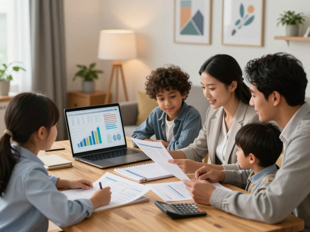 A thoughtfully arranged home office scene focusing on effective debt management strategies. In the foreground, a diverse family of four sits around a wooden table, reviewing financial documents together, all dressed in professional business attire. The middle ground features a laptop with colorful graphs and charts displayed, alongside a well-organized planner and a calculator. The background showcases a warm, inviting room with soft lighting, plants, and motivational artwork on the walls, creating a positive atmosphere. The image is captured with a shallow depth of field, emphasizing the family’s engagement and determination. Overall, the scene conveys a sense of collaboration, hope, and proactive management of finances.