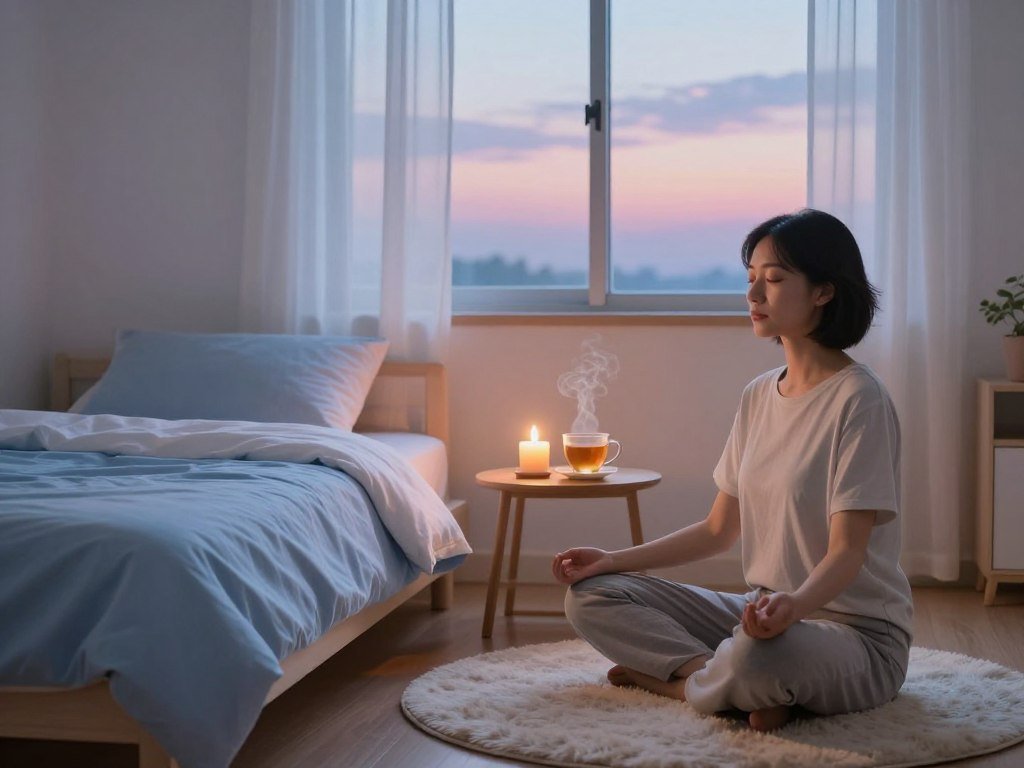 A tranquil evening scene illustrating relaxation techniques for quality sleep. In the foreground, a cozy, softly lit bedroom with a neatly made bed adorned with calming colors—soft blues and whites. A person in modest casual clothing is seated cross-legged on a plush rug, engaging in meditation, eyes gently closed, radiating serenity. In the middle ground, a small table holds a lit candle and a steaming cup of herbal tea, emitting soothing aromas. The background features a window with sheer curtains gently billowing, revealing a peaceful twilight sky, painted with pastel hues. Warm, diffused lighting fills the room, creating a gentle and inviting atmosphere, encouraging relaxation and tranquility.