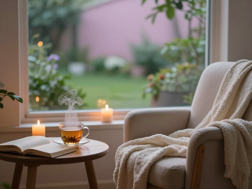 A tranquil scene depicting relaxation techniques in a serene setting. In the foreground, a cozy nook with a plush armchair and a soft, inviting throw blanket. A small wooden side table holds a steaming cup of herbal tea and an open book. In the middle, gentle ambient lighting casts a warm glow, enhanced by flickering candles. A large window reveals a softly lit garden outside, where lush greenery sways in a light evening breeze. The background features soft, pastel hues blending to create a calming atmosphere. Focus on simplicity, warmth, and comfort, evoking a sense of ease and tranquillity. The image should be well-composed, employing a gentle focus to foster a peaceful mood, reminiscent of an ideal evening wind-down routine.