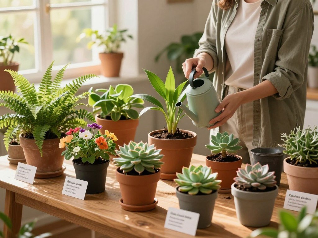 A vibrant and inviting scene showcasing seasonal plant care tips in a cozy indoor garden setting. In the foreground, a wooden table displays pots of various plants—lush ferns, colorful flowers, and thriving succulents—with care instruction cards beside them. The middle features an engaged gardener, dressed in modest casual attire, gently watering a plant, exuding a sense of nurturing and attentiveness. In the background, a sunny window allows soft, golden sunlight to stream in, illuminating the greenery and casting gentle shadows. The overall atmosphere is warm and inviting, suggesting tranquility and a connection to nature. The lens captures a slightly overhead angle to provide a comprehensive view of plant varieties and care techniques.