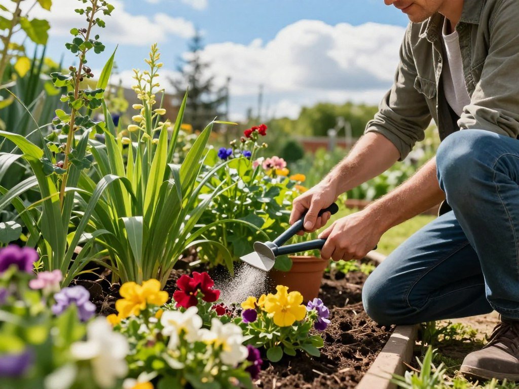 A vibrant garden scene showcasing a gardener in modest casual clothing, actively fertilizing a variety of lush green plants. In the foreground, the gardener is kneeling beside a colorful flower bed, carefully applying organic fertilizer with a hand-held spreader. The middle section features diverse plants, including bright flowers and leafy greens, all thriving under the sun. In the background, a clear blue sky contrasts with fluffy white clouds, while rich soil and plant pots add depth to the composition. The lighting is warm and natural, highlighting the colors of the flowers and the texture of the earth. The mood is one of tranquility and diligence, reflecting the rewarding experience of nurturing plants effectively.