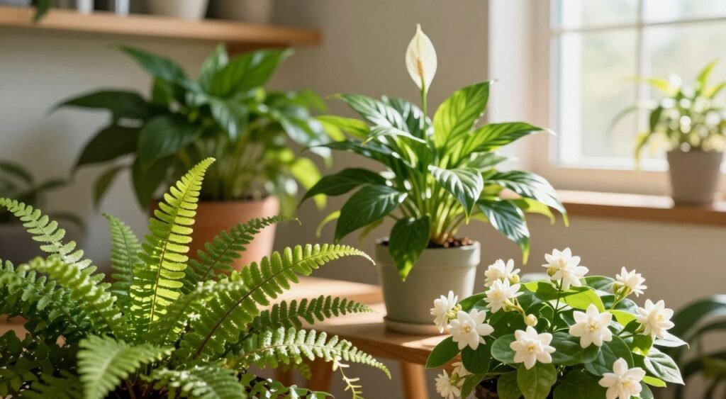 A vibrant indoor garden featuring various Vastu plants in full bloom during spring. In the foreground, lush green ferns and fragrant jasmine flowers create a sense of tranquility. The middle layer displays potted money plants and peace lilies, their leaves reflecting the soft, warm sunlight pouring in through a nearby window. The background is softly blurred, showcasing a peaceful, sunlit room adorned with natural wood accents. Gentle rays of light filter in, casting a serene glow across the scene, enhancing the lush greenery. The atmosphere is peaceful and harmonious, inviting a sense of balance and well-being. The composition is captured with a soft-focus lens effect, emphasizing the freshness of spring and the importance of nurturing Vastu plants.