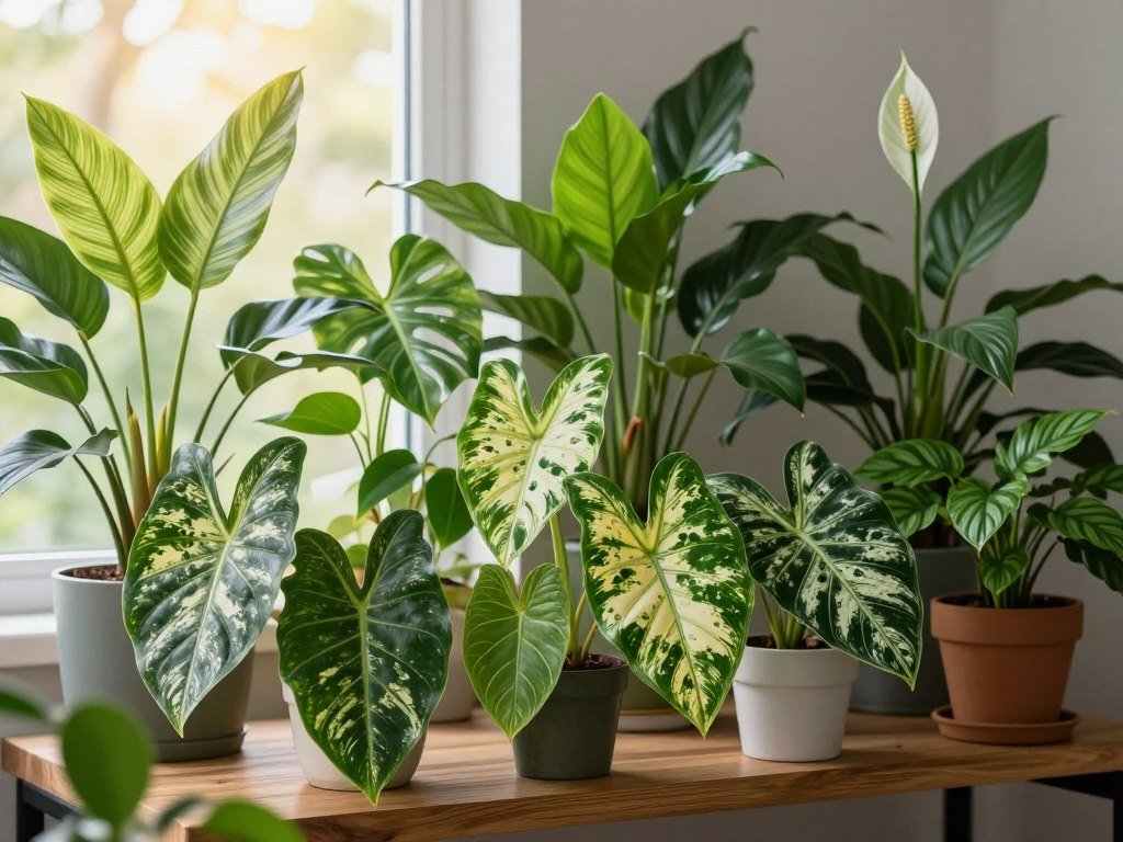 A vibrant indoor scene featuring a variety of toxic house plants arranged artistically on a modern wooden shelf. In the foreground, showcase prominent plants like dieffenbachia and philodendron, their glossy leaves exhibiting a rich gradient of green with hints of white or yellow. The middle-ground should include other toxic varieties like pothos and peace lily, subtly interspersed with small decorative pots. In the background, a soft-focus window allows gentle, diffused sunlight to filter through, casting a warm glow and creating delicate shadows, enhancing the ambiance. The overall mood is both serene and slightly ominous, emphasizing the beauty and hidden dangers of these plants, encouraging a feeling of caution while still appreciating their aesthetic appeal. Aim for a high-quality, well-composed shot with a slight depth of field, highlighting the lushness of the foliage.
