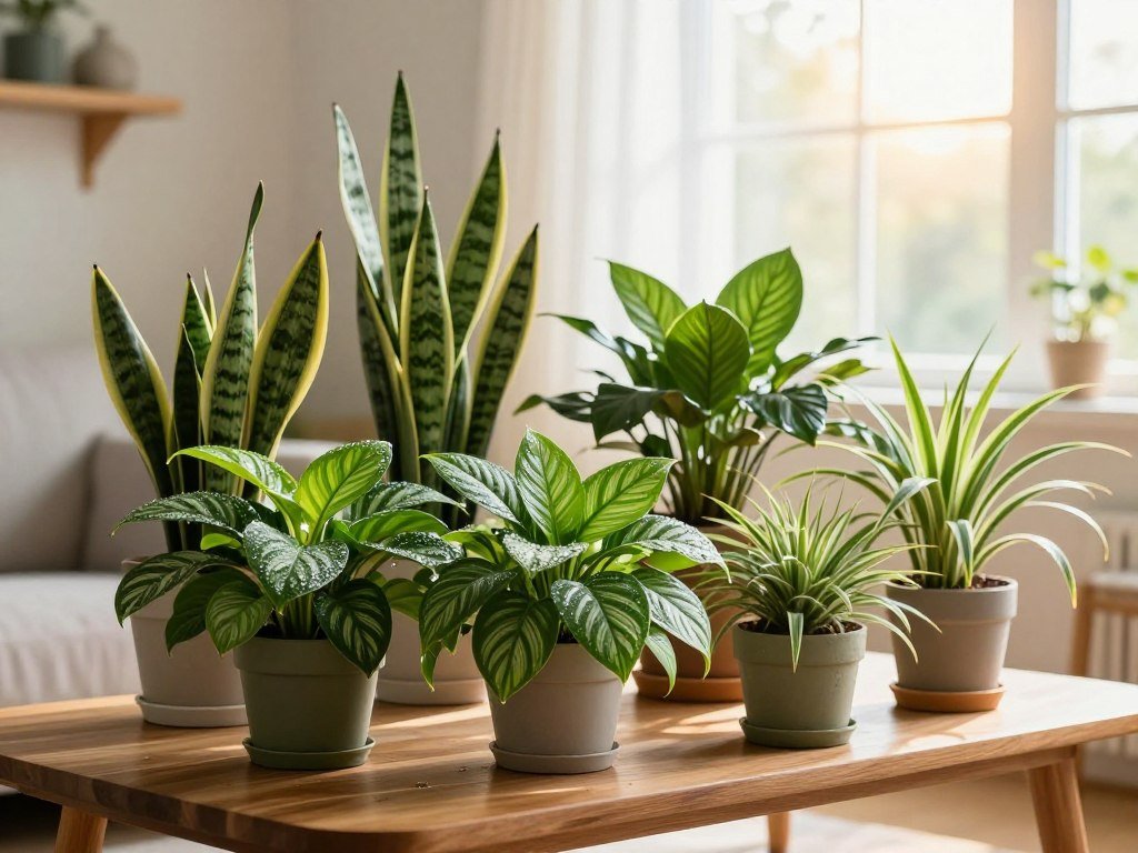 A vibrant indoor scene showcasing a variety of the best air purifying plants, such as snake plants, peace lilies, and spider plants, arranged on a wooden coffee table. In the foreground, the foliage shows rich greens and intricate leaf patterns, with droplets of water glistening on the leaves as if just misted. In the middle ground, a bright, well-lit window allows soft, warm sunlight to filter through sheer curtains, creating a serene and inviting atmosphere. The background is softly blurred, featuring a softly painted wall and hints of natural decor like wooden shelves and small decorative objects. The overall mood is calming and refreshing, emphasizing the benefits of these plants for air quality and wellbeing.