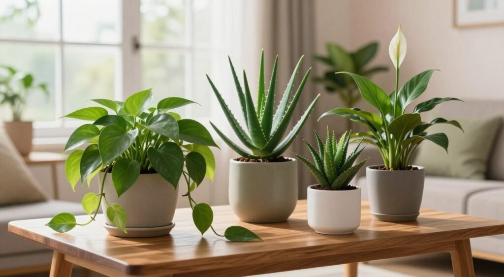 A vibrant indoor scene showcasing various Vastu plants, including a Money Plant, Aloe Vera, and Peace Lily, arranged in decorative pots on a sleek wooden table. In the foreground, the focus is on a healthy, lush Money Plant cascading over the edge of its pot. The middle section features the Aloe Vera and Peace Lily, their leaves glistening under soft, natural light streaming in through a large window in the background. The backdrop consists of a serene living room setting with subtle earthy tones, accentuated by pastel-colored walls and minimalistic furniture, creating an ambiance of harmony and balance. The overall mood is tranquil and inviting, highlighting the healing and enhancing qualities of Vastu plants. The image is captured with a DSLR camera using soft bokeh effects for depth.
