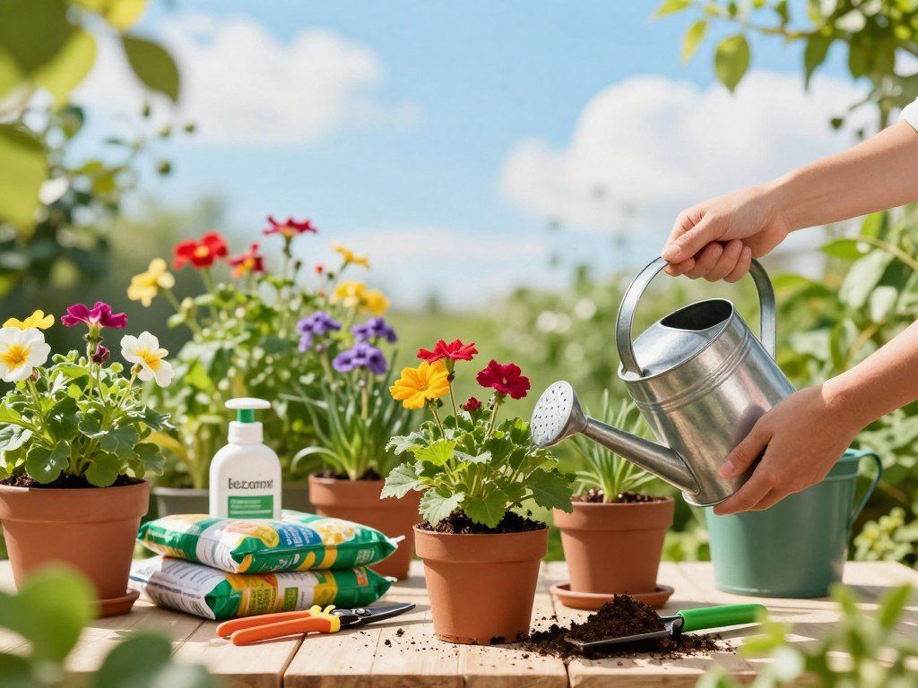 A vibrant summer garden scene focused on plant care, showcasing a lush array of healthy green plants in various pots. In the foreground, a pair of hands gently watering a vibrant flowering plant with a sleek metal watering can, capturing the essence of nurturing care. The middle ground features a sun-drenched table filled with gardening tools like pruning shears, soil bags, and plant food, surrounded by colorful blooms and green foliage. The background reveals a bright blue sky with soft, fluffy clouds, emphasizing a sunny, cheerful atmosphere. The lighting is warm and inviting, highlighting the rich colors and textures of the plants. The scene evokes a sense of tranquility and passion for gardening, perfect for illustrating seasonal plant care tips.