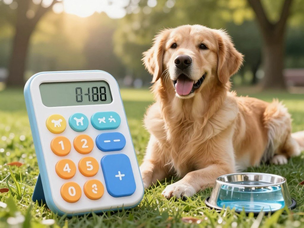 A visually appealing dog hydration calculator concept designed for an article on canine hydration. In the foreground, showcase a sleek, modern digital calculator shaped like a dog’s paw with a vibrant color palette, featuring icons for different dog breeds, weights, and activity levels. In the middle ground, a friendly golden retriever lays beside the calculator, looking healthy and happy, with a water bowl filled with fresh water nearby. In the background, a soft-focus park scene with trees and sunlight filtering through the leaves creates a warm and inviting atmosphere. The lighting is soft and natural, emulating a sunny day, captured with a slight depth of field. The overall mood conveys a sense of care and importance regarding dog hydration. A visually appealing dog hydration calculator concept designed for an article on canine hydration. In the foreground, showcase a sleek, modern digital calculator shaped like a dog’s paw with a vibrant color palette, featuring icons for different dog breeds, weights, and activity levels. In the middle ground, a friendly golden retriever lays beside the calculator, looking healthy and happy, with a water bowl filled with fresh water nearby. In the background, a soft-focus park scene with trees and sunlight filtering through the leaves creates a warm and inviting atmosphere. The lighting is soft and natural, emulating a sunny day, captured with a slight depth of field. The overall mood conveys a sense of care and importance regarding dog hydration.