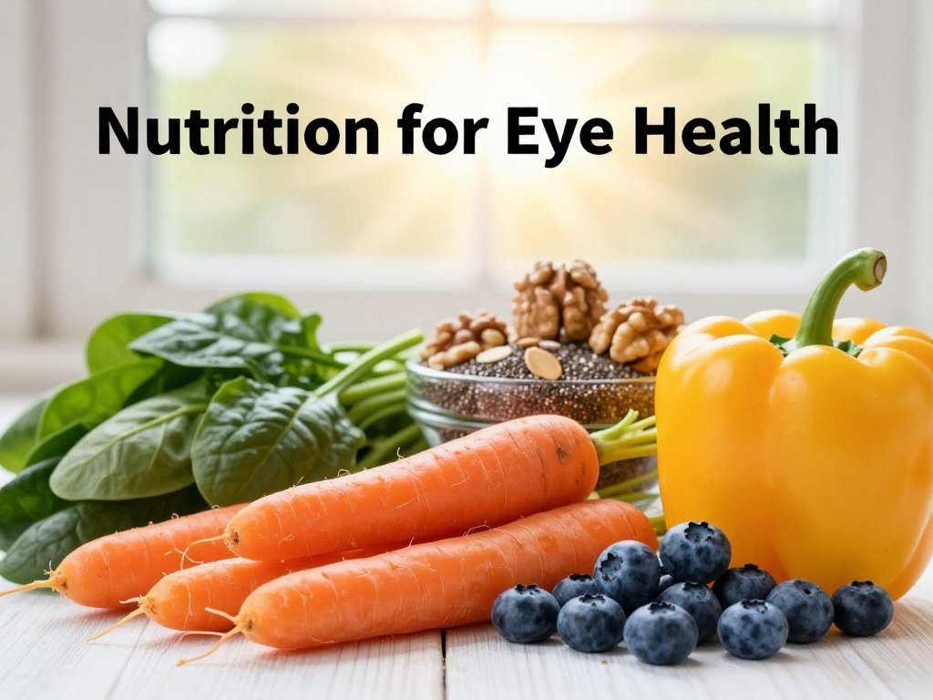 A visually engaging arrangement illustrating "Nutrition for Eye Health." In the foreground, a variety of vibrant fruits and vegetables known for promoting eye health: bright orange carrots, deep green leafy spinach, yellow bell peppers, and rich blue blueberries are artistically displayed. In the middle ground, a bowl of nuts and seeds, particularly walnuts and chia seeds, adds texture. In the background, soft-focus sunlight filters through a window, creating a warm, inviting atmosphere that symbolizes health and wellness. The scene is captured with a gentle depth of field, emphasizing the colors and textures of the food while blurring the background slightly. The overall mood is optimistic and educational, conveying the importance of nutrition in maintaining eye health.