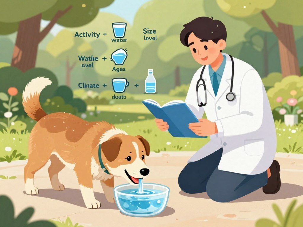 A visually engaging illustration depicting the various factors affecting a dog's water intake. In the foreground, a healthy, happy dog is drinking from a clear water bowl, showcasing its hydration. In the middle, a veterinarian is kneeling beside the dog, sharing insights about water intake influenced by activity level, size, age, climate, and diet, depicted with icons representing each factor. The background features a sunny park with trees and a garden, creating a warm and inviting atmosphere. Natural lighting highlights the dog's shiny coat and the clarity of the water. Use a slightly overhead angle to capture the interaction between the dog and the vet, conveying an informative yet friendly mood. No text or watermarks should be present in the image. A visually engaging illustration depicting the various factors affecting a dog's water intake. In the foreground, a healthy, happy dog is drinking from a clear water bowl, showcasing its hydration. In the middle, a veterinarian is kneeling beside the dog, sharing insights about water intake influenced by activity level, size, age, climate, and diet, depicted with icons representing each factor. The background features a sunny park with trees and a garden, creating a warm and inviting atmosphere. Natural lighting highlights the dog's shiny coat and the clarity of the water. Use a slightly overhead angle to capture the interaction between the dog and the vet, conveying an informative yet friendly mood. No text or watermarks should be present in the image.