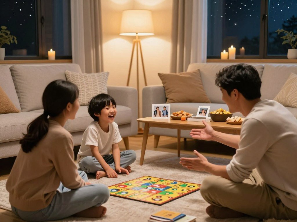 A warm and inviting family living room scene during the evening. In the foreground, a family of four, dressed in cozy, modest casual clothing, is engaging in a board game on a soft rug. A young child laughs with joy while a parent playfully gestures. In the middle, a comfortable couch with plush pillows and a coffee table scattered with snacks, family photos, and books creates a homely atmosphere. In the background, soft ambient lighting from a floor lamp and candles casts a warm glow, with a window revealing a starry night sky. The overall mood is relaxed and joyful, capturing the essence of togetherness and winding down as a family. Use a soft focus lens effect to enhance the warmth of the scene.