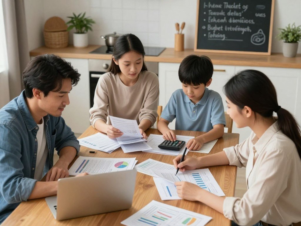 A warm and inviting scene depicting a family engaged in budgeting activities around a dining table. In the foreground, a father and mother, dressed in smart casual attire, are focused on a laptop and spreadsheets filled with colorful graphs. The middle layer showcases their two children, a teenage girl and a young boy, actively participating by sorting through a pile of bills and helping with calculations. Surrounding them, the background reveals a cozy kitchen setting with a chalkboard displaying key budgeting tips, a potted plant, and soft lighting that creates a positive atmosphere. Capture this image from a slightly elevated angle to give a clear view of the family dynamics, evoking a sense of teamwork and commitment to financial planning.