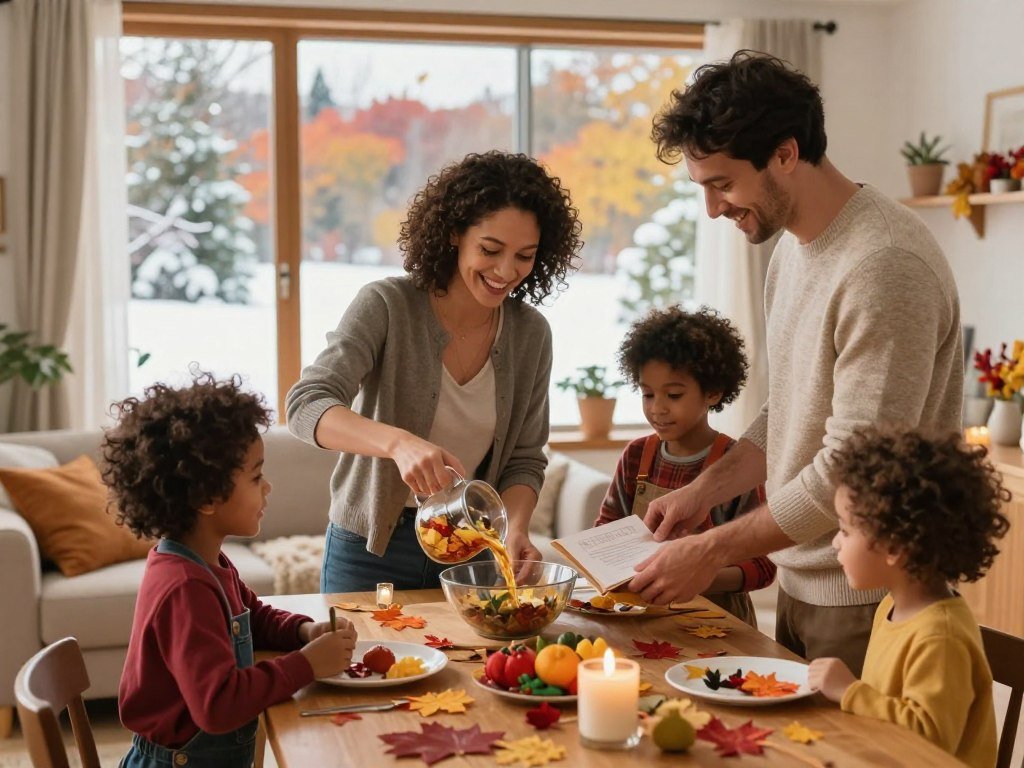 A warm, inviting family living room scene reflecting seasonal routines. In the foreground, a diverse family of four—parents and two children—are engaged in a cozy activity together, perhaps cooking or decorating for the season. The mother, dressed in casual attire, smiles as she pours ingredients into a bowl, while the father, in a sweater, assists with a recipe. The children, in playful yet modest clothing, are involved, showing curiosity and excitement. In the middle ground, a table is adorned with seasonal decorations, such as autumn leaves or winter crafts, complemented by soft lighting that enhances the warmth of the atmosphere. In the background, large windows reveal a picturesque seasonal landscape, either colorful autumn foliage or a light dusting of snow. The overall mood is joyful and collaborative, illustrating the essence of family togetherness and adaptation to changes throughout the seasons.