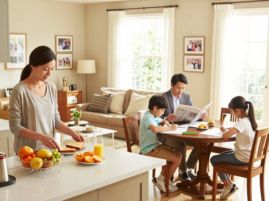 A warm, inviting family living room scene showing a family of four, structured in a harmonious morning routine. In the foreground, a mother in modest casual clothing prepares breakfast at the kitchen island, with fresh fruits and toast visible. Beside her, a father dressed in professional business attire reads a newspaper, while two children, a boy and a girl, engage in their homework at the dining table, papers and colorful stationery spread out. In the middle, the cozy furniture is arranged for family interaction, with soft, natural light flooding through large windows, illuminating the scene. In the background, family photos hang on the walls, showcasing moments of togetherness. The mood is organized yet relaxed, emphasizing the importance of routine in a structured, loving home environment.