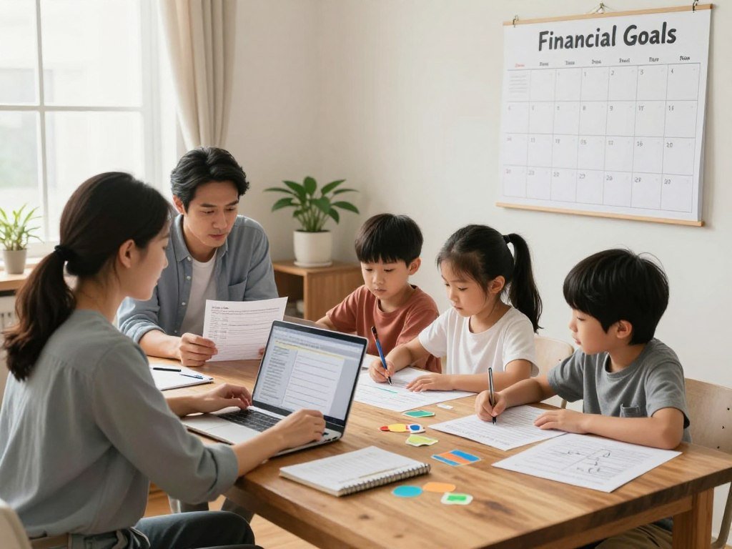 A warm, inviting home office with a family gathered around a large wooden table, deeply engaged in budgeting discussions. In the foreground, a mother and father are examining spreadsheets on a laptop, dressed in casual but neat clothing. The middle of the scene includes children adding colorful stickers and drawings to a large poster board labeled 'Financial Goals'. A visible calendar on the wall highlights important dates for budgeting. In the background, soft daylight filters through a window, filling the space with a sense of optimism and collaboration. The atmosphere conveys focus and determination, subtly illustrating the family’s commitment to setting realistic financial goals together.