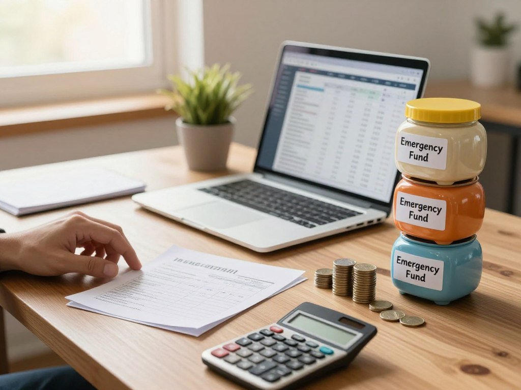 A well-organized and inviting workspace, featuring a polished wooden desk with a neat stack of colorful savings jars labeled “Emergency Fund” on the right, a laptop open to a financial planning spreadsheet in the center, and scattered notes with budgeting tips around. In the foreground, a hand reaches for a jar while coins and a calculator are visible nearby, adding to the theme of savings. The middle-background shows a small potted plant, symbolizing growth and stability, along with a window letting in warm, natural light that creates a calming atmosphere. The overall mood should convey a sense of security and optimism, with a soft-focus effect that enhances the inviting feel of the workspace. Capture this scene from a slight angle, emphasizing the layers of depth and the importance of financial preparedness.