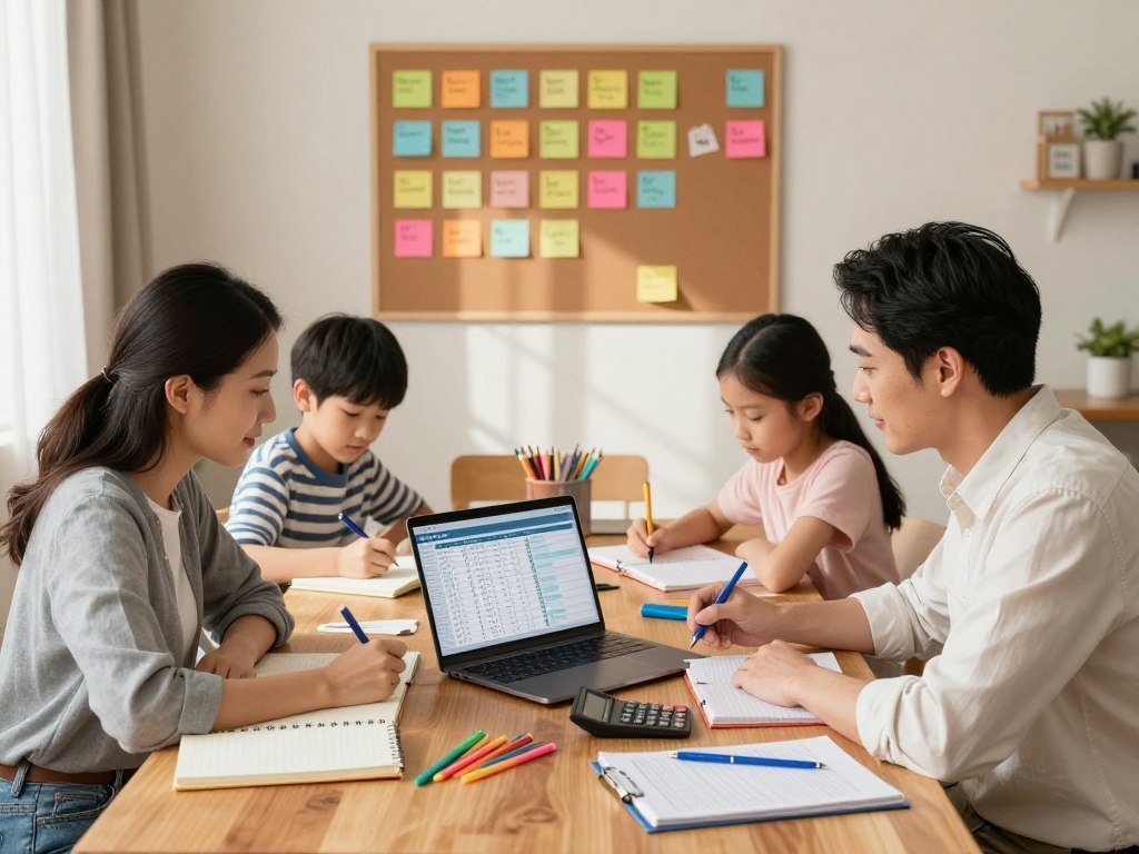 A well-organized dining table in a cozy, well-lit family room, showcasing a family of four engrossed in budgeting activities. In the foreground, a mother and father, dressed in smart casual attire, are reviewing a financial spreadsheet on a laptop, surrounded by colorful stationery, notebooks, and a calculator. Their two children, a boy and a girl, are actively engaged, helping with the calculations using their own notebooks. In the middle ground, a large corkboard is visible, adorned with colorful sticky notes labeling different expense categories. The background features a warm and inviting atmosphere, with soft natural light pouring through a window, casting gentle shadows. The mood is collaborative and focused, emphasizing teamwork in managing family finances.