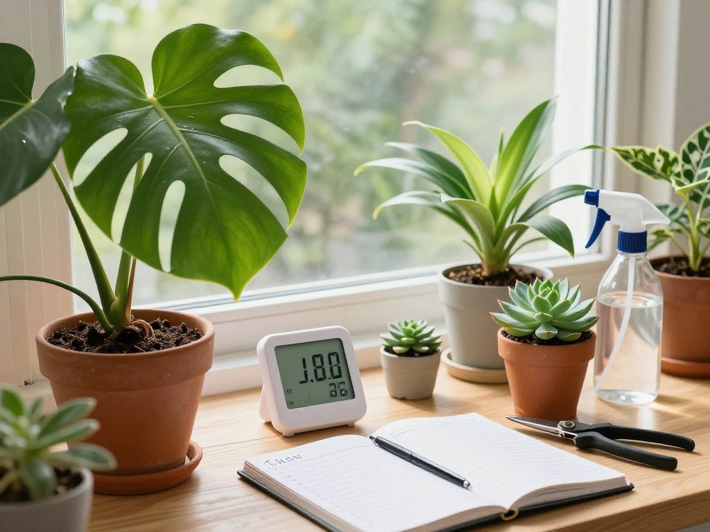 A well-organized workspace dedicated to plant care, showcasing a variety of potted plants with vibrant green leaves situated on a sunny windowsill. In the foreground, a large, healthy monstera and a smaller succulent, both well-watered, sit beside a notebook with care notes. In the middle ground, a humidity gauge and thermometer indicate optimal conditions, accompanied by small tools for plant care, such as pruning shears and a spray bottle. The background features soft, natural light streaming in through the window, illuminating the plants and creating a warm, inviting atmosphere. The scene captures a sense of tranquility and harmony with nature, emphasizing the importance of environmental factors in plant health.