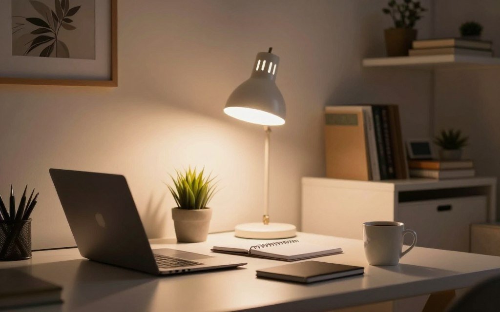 A well-organized workspace featuring a modern desk illuminated by soft, warm LED task lighting. In the foreground, a sleek desk with a laptop, notebooks, and a coffee mug, all arranged neatly. The middle ground showcases an elegant desk lamp casting a gentle glow, designed to reduce glare and eye strain, while a potted plant adds a touch of nature. The background is a softly blurred wall adorned with framed art and shelves holding books and office supplies, creating a professional yet inviting atmosphere. The scene is captured from a slight angle, emphasizing the lighting's warmth and the serene mood of an ideal workspace, perfect for productivity and focus. A well-organized workspace featuring a modern desk illuminated by soft, warm LED task lighting. In the foreground, a sleek desk with a laptop, notebooks, and a coffee mug, all arranged neatly. The middle ground showcases an elegant desk lamp casting a gentle glow, designed to reduce glare and eye strain, while a potted plant adds a touch of nature. The background is a softly blurred wall adorned with framed art and shelves holding books and office supplies, creating a professional yet inviting atmosphere. The scene is captured from a slight angle, emphasizing the lighting's warmth and the serene mood of an ideal workspace, perfect for productivity and focus.