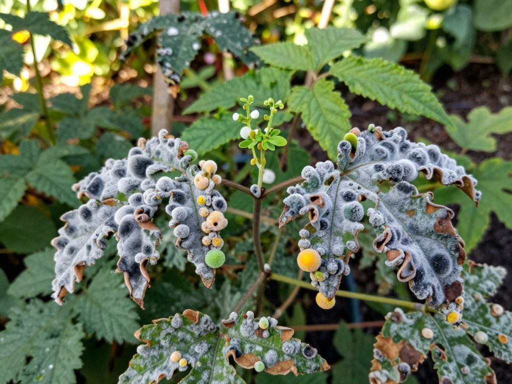 Fungal infections on plants, showcasing a vivid close-up of affected leaves and stems. In the foreground, include twisted and discolored leaves covered in a velvety, gray mold, and small fruiting bodies exhibiting different colors, such as green and yellow. The middle ground should display a variety of plant species, highlighting the contrast between healthy green foliage and areas gradually succumbing to infection. In the background, a blurred garden scene with other plants adds depth. The lighting is natural, with soft sunlight filtering through foliage, creating a gentle yet slightly ominous atmosphere. Focus on capturing the intricate textures of the fungus while maintaining a realistic representation of the plants. No text or overlays included.
