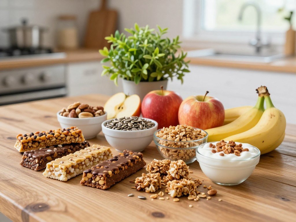 A beautifully arranged assortment of nutritious energy snacks on a rustic wooden table. In the foreground, a variety of colorful snacks including energy bars, small bowls of nuts and seeds, fresh fruits like apples and bananas, and yogurt-covered granola clusters, all styled artfully. In the middle ground, a vibrant green plant provides a pop of color, while a soft-focus background shows a bright kitchen environment with natural light streaming in through a window, creating a warm and inviting atmosphere. The image has a close-up perspective to emphasize textures and details, with a slight overhead angle. The overall mood is energizing and healthy, perfect for conveying the concept of nutritious snacks that boost energy levels.