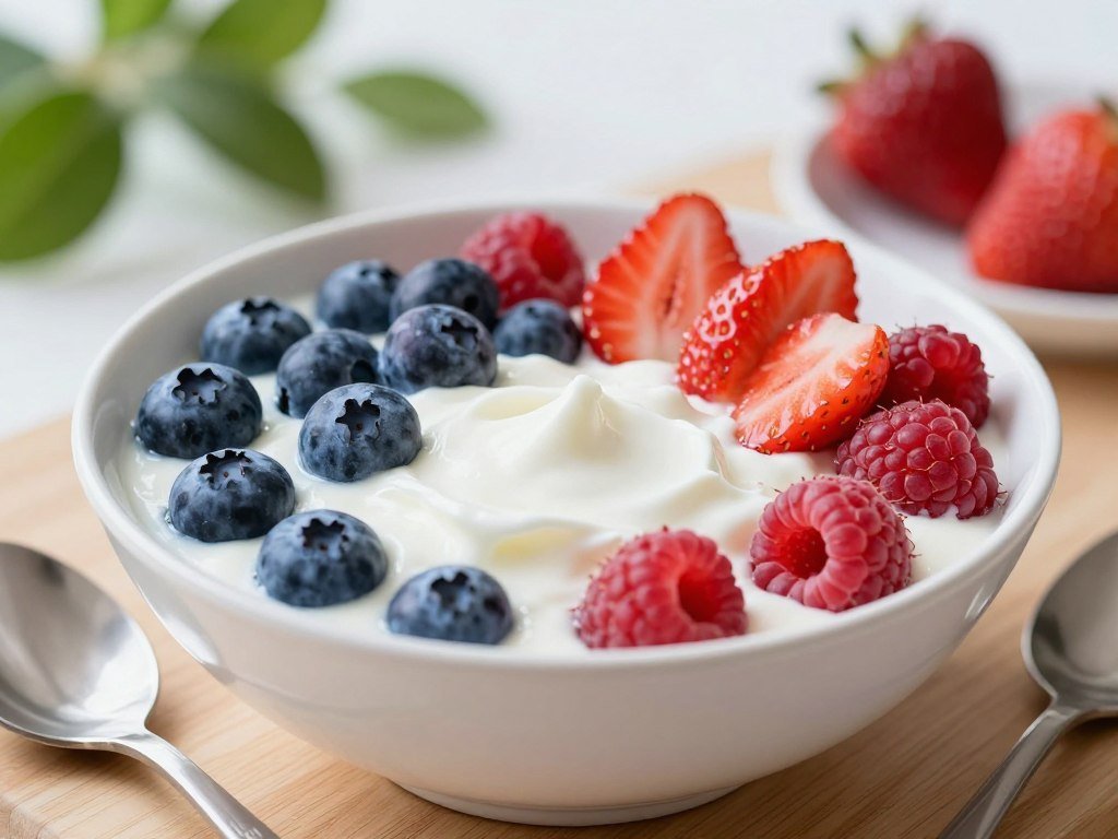 A beautifully arranged bowl of creamy Greek yogurt topped with an assortment of vibrant, fresh berries — plump blueberries, juicy strawberries, and tart raspberries — artfully scattered around. The foreground features a wooden table setting, with a small spoon resting beside the bowl. In the middle, soft natural light illuminates the yogurt, creating a fresh and inviting atmosphere, with the berries glistening as if freshly washed. An out-of-focus background includes a hint of green foliage, suggesting a bright and healthy kitchen environment. The mood is energizing and wholesome, perfect for a quick snack. Use a soft focus lens to enhance the freshness and maintain a warm, inviting aesthetic.