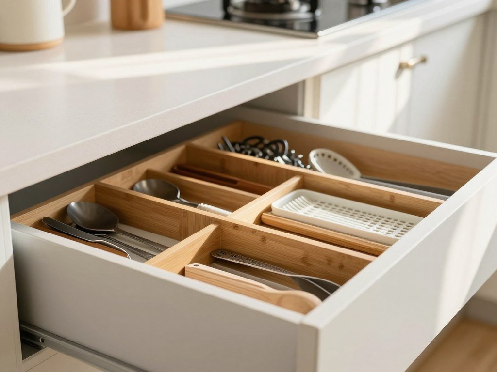 A beautifully organized kitchen drawer filled with various drawer dividers and inserts, showcasing a range of materials like bamboo, plastic, and metal. In the foreground, highlight specific dividers in elegant arrangements, with utensils and kitchen tools neatly placed within them. The middle ground reveals a partially open kitchen drawer, emphasizing the effectiveness of these dividers for organization. In the background, a softly blurred kitchen setting with warm, natural light streaming in through a window, accentuating a cozy, well-kept atmosphere. Use a shallow depth of field to keep the focus on the drawer contents, creating a calm and inviting mood for kitchen organization.