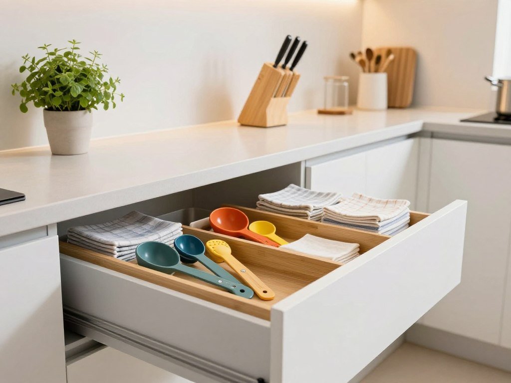 A beautifully organized kitchen drawer, showcasing neatly arranged utensils, cutting boards, and kitchen gadgets. In the foreground, focus on an open drawer with a stylish bamboo organizer, displaying color-coded measuring spoons and neatly stacked dish towels. In the middle ground, a clean kitchen countertop with minimalistic decor elements like a fresh potted herb plant and gleaming knife block complements the organized theme. The background reveals bright cabinets with subtle, warm lighting illuminating the space. Use a wide-angle lens to capture the full depth of the kitchen while maintaining a crisp focus on the drawer. The atmosphere should feel inviting, calm, and inspiring for those seeking to maintain an orderly kitchen environment.