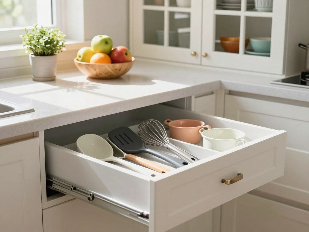 A beautifully organized kitchen space featuring a tidy drawer open in the foreground, showcasing neatly arranged utensils like spatulas, measuring cups, and whisks. The middle ground highlights clean countertops with bright, polished surfaces displaying a small potted plant and a bowl of fresh fruits, enhancing the inviting atmosphere. In the background, airy cabinets with glass doors reveal color-coded dishware, reflecting a harmonious aesthetic. Soft, natural lighting streams in from a nearby window, casting gentle shadows and creating an uplifting mood. The image captures an overall sense of serenity and efficiency, ideal for a rapid kitchen transformation, with no human subjects present to distract from the organized space.