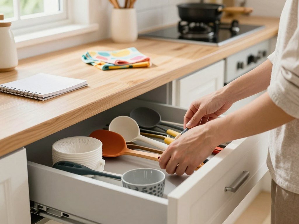 A bright and airy kitchen scene, focusing on a partially open drawer filled with kitchen utensils and tools, showcasing a fast drawer clean up in action. In the foreground, a pair of hands, clad in modest, casual attire, frantically rearranging and organizing spatulas, measuring cups, and napkin holders. In the middle, a wooden countertop with scattered items awaiting sorting, including a small notepad and a colorful dish cloth. In the background, a well-lit kitchen with soft, natural light pouring in from a nearby window, illuminating the space and creating a cheerful atmosphere. The angle is slightly tilted to give depth, creating a dynamic view of the organized chaos of a fast cleaning effort, evoking a sense of urgency while maintaining an inviting vibe.