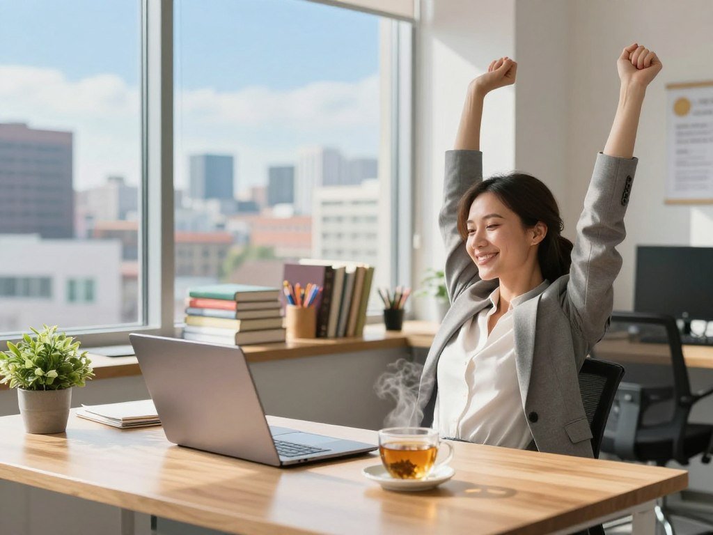 A bright and inviting office space filled with natural light, featuring a stylish wooden desk adorned with a laptop, a steaming cup of herbal tea, and a small potted plant. In the foreground, a professional woman in business casual attire, smiling as she stretches and enjoys the moment, exuding a sense of energy and focus. In the middle, an organized workspace with neatly stacked books and colorful stationery, conveying productivity. The background features a large window with a view of a vibrant cityscape under a clear blue sky, adding to the uplifting atmosphere. Soft, warm lighting enhances the inviting feel, while a shallow depth of field draws attention to the woman and her workspace, evoking motivation and a sustainable afternoon workflow.