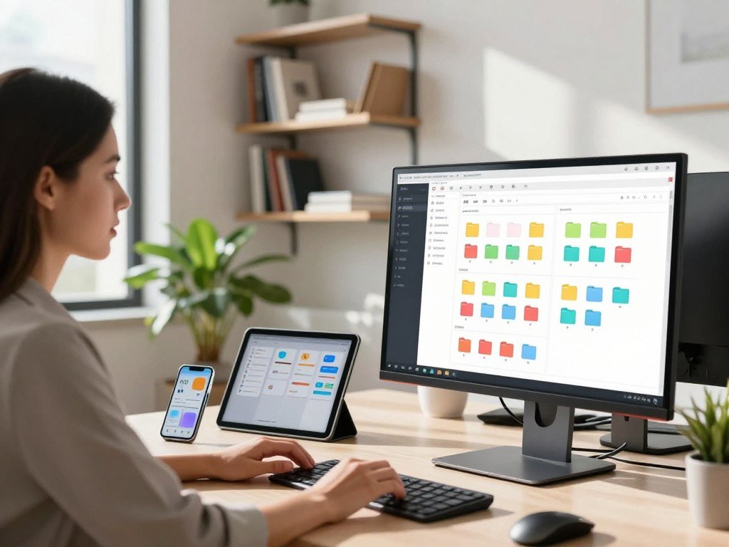 A bright, modern office workspace focused on digital file sorting. In the foreground, a sleek computer monitor displays an intuitive file organization interface with colorful folders being dragged into place. To the left, a professional woman in smart casual attire is engaged with the screen, looking focused and confident. In the middle ground, a tidy desk is adorned with a few digital devices, such as a tablet and smartphone, showing organized apps. The background features a wall-mounted shelving unit with neatly arranged books and an indoor plant, adding greenery to the environment. Natural sunlight streams through a large window, casting soft shadows and creating an inviting atmosphere. The overall mood is one of productivity and efficiency in a contemporary, tech-savvy setting. A bright, modern office workspace focused on digital file sorting. In the foreground, a sleek computer monitor displays an intuitive file organization interface with colorful folders being dragged into place. To the left, a professional woman in smart casual attire is engaged with the screen, looking focused and confident. In the middle ground, a tidy desk is adorned with a few digital devices, such as a tablet and smartphone, showing organized apps. The background features a wall-mounted shelving unit with neatly arranged books and an indoor plant, adding greenery to the environment. Natural sunlight streams through a large window, casting soft shadows and creating an inviting atmosphere. The overall mood is one of productivity and efficiency in a contemporary, tech-savvy setting.