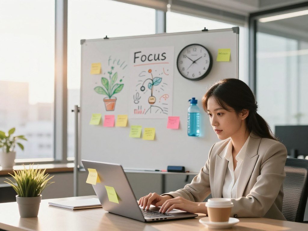 A bright office environment during the afternoon with a dynamic split-screen composition. In the foreground, a focused professional woman in modest business attire is engaging with her laptop, surrounded by sticky notes and a coffee cup, exuding determination. In the middle, a wall-mounted whiteboard displays colorful post-it notes and drawings symbolizing three focus fixes: a plant for fresh air, a clock for time management, and a water bottle for hydration. In the background, large windows let in warm sunlight, creating a vibrant and inviting atmosphere, while slightly blurred cityscape views suggest productivity beyond the office. The scene should evoke motivation and clarity, emphasizing active solutions to overcome midday fatigue. Soft, natural lighting enhances the energy, with a depth of field that keeps the focus on the foreground elements.
