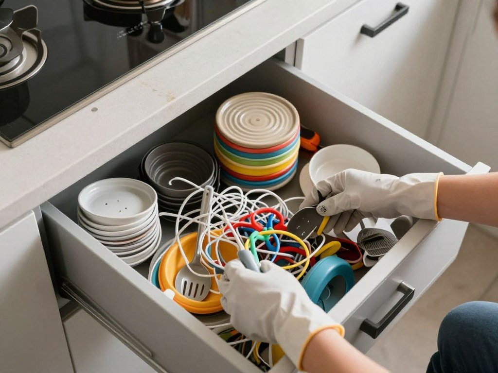 A chaotic kitchen drawer half-opened, cluttered with mismatched utensils, tangled cords, and stray kitchen gadgets; in the foreground, a pair of hands, gloved and organized, swiftly removing items with purpose, showcasing the act of cleaning up. In the middle, a neatly stacked pile of kitchen tools and colorful containers; a small, disorganized heap remains at the side, emphasizing the concept of common mistakes. The background features a stylish, modern kitchen with soft natural light pouring in from a window, casting gentle shadows. The angle captures the action from slightly above, giving a bird's-eye view of the drawer's transformation. The overall mood is dynamic and purposeful, reflecting urgency yet maintaining a sense of order in the cleaning process.