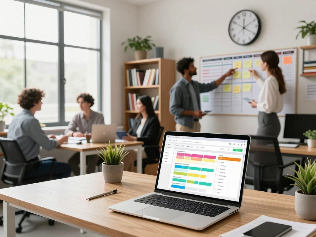 A cozy, modern office setting filled with natural light streaming through large windows. In the foreground, a well-organized desk with a sleek laptop open, displaying an efficient scheduling app with colorful blocks representing tasks and priorities. A stylish wall clock shows the time, emphasizing the rapid prioritization theme. In the middle ground, a diverse group of professionals dressed in smart business attire, engaged in a focused discussion, pointing at a wall-mounted planning board filled with sticky notes and timelines. The background features bookshelves filled with motivational literature and plants, creating a vibrant and inspiring atmosphere. Use soft, bright lighting to evoke a sense of productivity and clarity. The angle should be slightly elevated to capture the dynamic interaction among the individuals and the organized workspace.