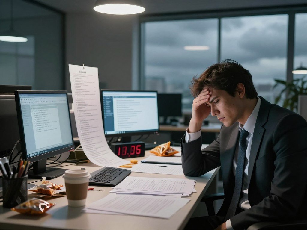 A dimly lit office space with a large desk cluttered with papers, empty coffee cups, and a digital clock displaying late hours. In the foreground, a professional individual in business attire, looking fatigued and overwhelmed, with a furrowed brow and a hand on their forehead, symbolizing decision fatigue. In the middle, various common pitfalls are illustrated, such as multiple open tabs on a laptop, a long to-do list, and unhealthy snacks scattered around. In the background, a window shows a cloudy sky, hinting at a gloomy atmosphere. The scene is illuminated by soft overhead lighting, casting gentle shadows, creating an atmosphere of stress and challenge. The focus is sharp on the person and the desk, with a shallower depth of field to accentuate the chaos around them.