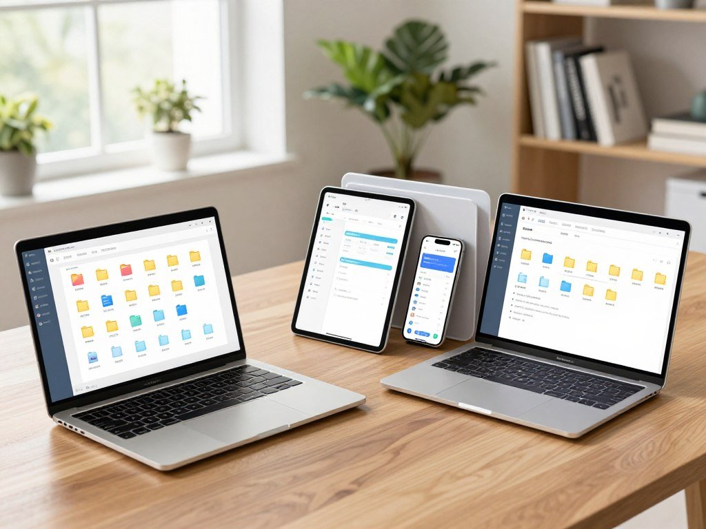 A modern digital workspace showcasing efficient file organization. In the foreground, a sleek wooden desk with a laptop displaying a neatly organized digital filing system on screen, colorful file icons arranged in folders. In the middle, an open organizer with labeled tabs and electronic devices like a tablet and smartphone, all displaying organizational apps. In the background, a bright room with soft natural light streaming through large windows, potted plants adding a touch of green, and a minimalist bookshelf partially filled with business books. The atmosphere conveys productivity and clarity, emphasizing a sense of order and readiness for digital workspace success. Shot from a slightly elevated angle to provide a comprehensive view, focusing on the organized elements. A modern digital workspace showcasing efficient file organization. In the foreground, a sleek wooden desk with a laptop displaying a neatly organized digital filing system on screen, colorful file icons arranged in folders. In the middle, an open organizer with labeled tabs and electronic devices like a tablet and smartphone, all displaying organizational apps. In the background, a bright room with soft natural light streaming through large windows, potted plants adding a touch of green, and a minimalist bookshelf partially filled with business books. The atmosphere conveys productivity and clarity, emphasizing a sense of order and readiness for digital workspace success. Shot from a slightly elevated angle to provide a comprehensive view, focusing on the organized elements.