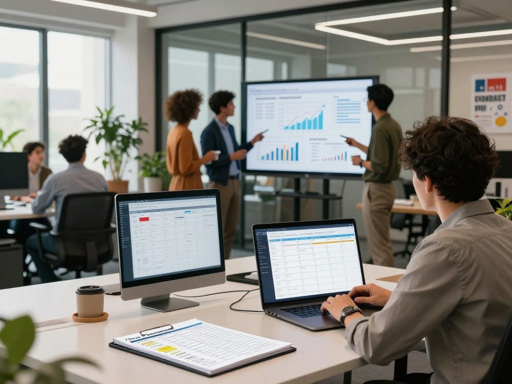 A modern office environment showcasing advanced productivity techniques. In the foreground, a sleek, organized desk features a digital planner and a high-tech laptop displaying a weekly schedule. In the middle, a diverse group of professionals in smart casual attire collaborates over a large digital screen that displays graphs and productivity metrics, highlighting efficient workflows. The background shows a well-lit office space with indoor plants, glass walls, and motivational posters. Soft natural light filters in through large windows, creating a warm and inspiring atmosphere. The image captures a sense of focus, collaboration, and innovation, emphasizing a cutting-edge approach to time management and productivity.