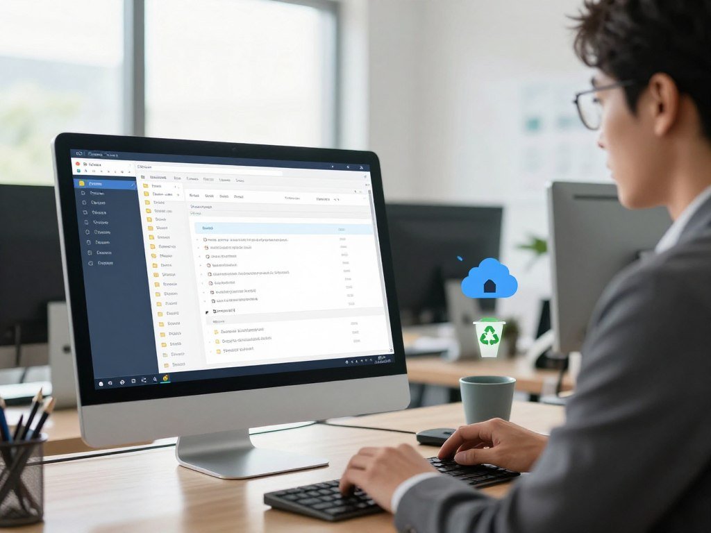 A modern office setting is depicted as the foreground, showcasing a sleek desk with a computer screen displaying a digital file cleanup interface. On the screen, organized folders and task lists illustrate the three-step strategy visually. In the middle ground, a professional individual in business attire engages with the computer, highlighting focus and productivity, while utilizing digital tools like cloud storage icons and a recycling bin symbol. The background features large windows that let in natural light, creating a bright and inspiring atmosphere. The lighting is soft yet bright, with a warm tone enhancing the feeling of efficiency and organization. The angle is slightly above eye level, providing a comprehensive view of the workspace while keeping the focus on the cleanup process. The overall mood is one of clarity, purpose, and professionalism, emphasizing the importance of a streamlined digital environment. A modern office setting is depicted as the foreground, showcasing a sleek desk with a computer screen displaying a digital file cleanup interface. On the screen, organized folders and task lists illustrate the three-step strategy visually. In the middle ground, a professional individual in business attire engages with the computer, highlighting focus and productivity, while utilizing digital tools like cloud storage icons and a recycling bin symbol. The background features large windows that let in natural light, creating a bright and inspiring atmosphere. The lighting is soft yet bright, with a warm tone enhancing the feeling of efficiency and organization. The angle is slightly above eye level, providing a comprehensive view of the workspace while keeping the focus on the cleanup process. The overall mood is one of clarity, purpose, and professionalism, emphasizing the importance of a streamlined digital environment.