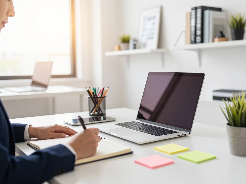 A modern, stylish workspace emphasizing productivity, featuring a clean desk with a sleek laptop open, a planner, and colorful sticky notes arranged neatly. In the foreground, a person in professional business attire is focused, writing down goals and tasks with a pen. The middle layer includes a bright, organized shelf filled with motivational books and office supplies. The background showcases a large window with sunlight streaming in, illuminating the space with a warm glow, creating an inviting atmosphere. The image should have a soft focus for depth, with a slight tilt-angle perspective to convey dynamism. Overall, the mood should be energetic and inspiring, highlighting a well-prepared environment that promotes efficiency and speed in planning.