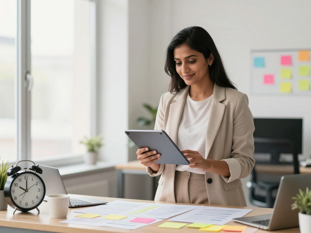 A professional businessperson, dressed in smart casual attire, stands confidently at a desk cluttered with various decision-making items like clocks, to-do lists, and colorful sticky notes. The individual, a South Asian woman with an approachable smile, appears focused and calm as she uses a digital tablet, showcasing a clear action of sorting through choices. In the background, a well-lit modern office space with large windows allows natural light to stream in, adding a bright and optimistic atmosphere to the scene. Soft, pastel colors dominate the palette, evoking tranquility. The composition should be a medium shot, capturing the subject and her workspace, emphasizing the theme of clarity and decisiveness amidst decision fatigue.