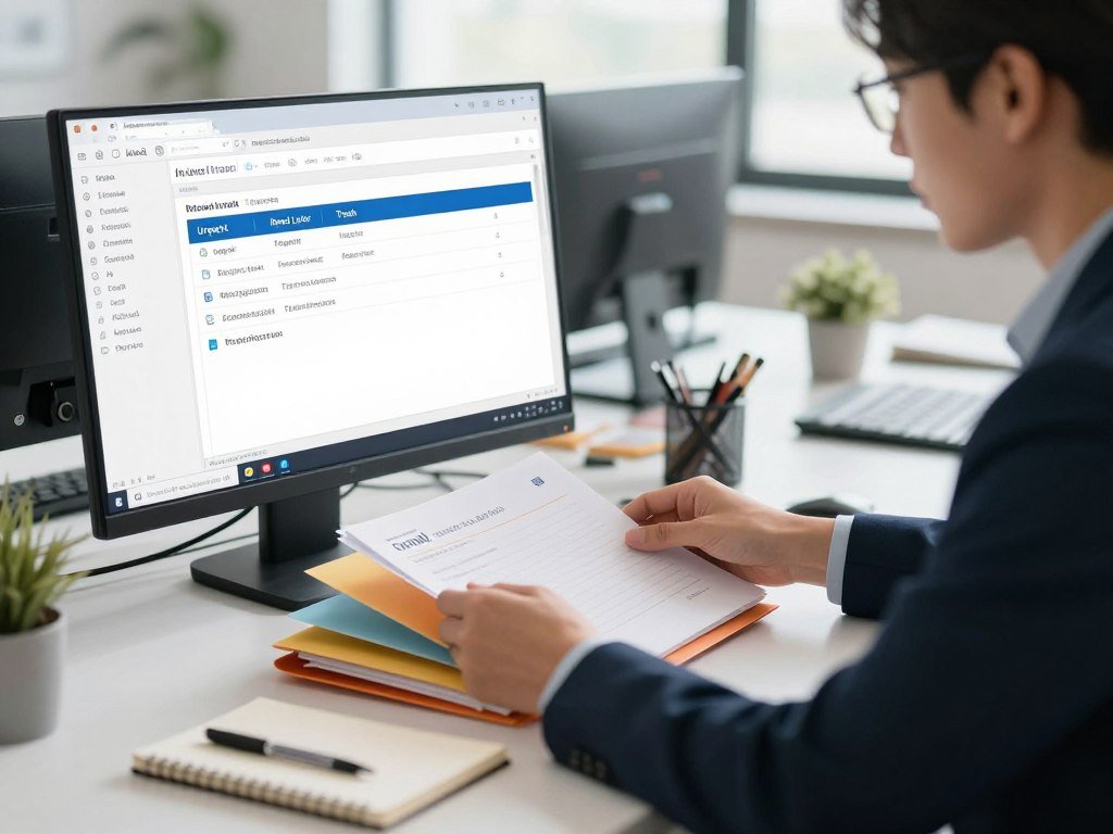 A professional office environment depicting a well-organized desk with a computer screen displaying an inbox triage system. In the foreground, an individual in smart business attire is focused, sorting through emails using color-coded folders and a notepad, reflecting decisiveness and clarity. In the middle, a digital interface shows different categorizations like "Urgent," "Read Later," and "Trash," with icons representing each status. In the background, soft natural lighting filters through a window, creating an inviting and calm atmosphere. The overall mood conveys efficiency and productivity, with a slight blur on the background to emphasize the central characters and their tasks. The camera angle is slightly above eye level, capturing the entire scene in a harmonious composition. A professional office environment depicting a well-organized desk with a computer screen displaying an inbox triage system. In the foreground, an individual in smart business attire is focused, sorting through emails using color-coded folders and a notepad, reflecting decisiveness and clarity. In the middle, a digital interface shows different categorizations like "Urgent," "Read Later," and "Trash," with icons representing each status. In the background, soft natural lighting filters through a window, creating an inviting and calm atmosphere. The overall mood conveys efficiency and productivity, with a slight blur on the background to emphasize the central characters and their tasks. The camera angle is slightly above eye level, capturing the entire scene in a harmonious composition.