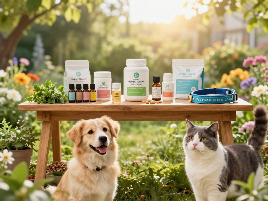 A serene and colorful pet wellness scene showcasing holistic pet health. In the foreground, a happy dog and cat are surrounded by natural elements like fresh herbs and organic pet food. The middle layer features a wooden table with various holistic health products, such as essential oils, supplements, and handmade collars. In the background, a soft, sunlit garden with blooming flowers and trees creates a peaceful, nurturing atmosphere. The lighting is warm and inviting, suggesting a late afternoon glow, enhancing the sense of tranquility. The image captures the essence of connection between pets and their natural health practices, with a focus on their overall well-being. A serene and colorful pet wellness scene showcasing holistic pet health. In the foreground, a happy dog and cat are surrounded by natural elements like fresh herbs and organic pet food. The middle layer features a wooden table with various holistic health products, such as essential oils, supplements, and handmade collars. In the background, a soft, sunlit garden with blooming flowers and trees creates a peaceful, nurturing atmosphere. The lighting is warm and inviting, suggesting a late afternoon glow, enhancing the sense of tranquility. The image captures the essence of connection between pets and their natural health practices, with a focus on their overall well-being.