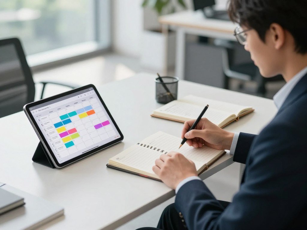 A serene and organized workspace filled with productivity tools, representing efficient scheduling. In the foreground, a sleek, modern desk clutter-free, featuring a digital calendar on a tablet displaying color-coded blocks for tasks. In the middle, an individual dressed in professional business attire, focused and calmly reviewing a handwritten planner, embodying confidence and decisiveness. The background showcases a panoramic view of a bright office environment with large windows allowing natural light to flood the space, casting soft shadows that enhance the atmosphere of clarity and purpose. The overall mood is tranquil yet motivational, reflecting the ability to conquer perfectionism and embrace effective planning strategies. The perspective is from a slight overhead angle, lending depth and dimension to the scene.