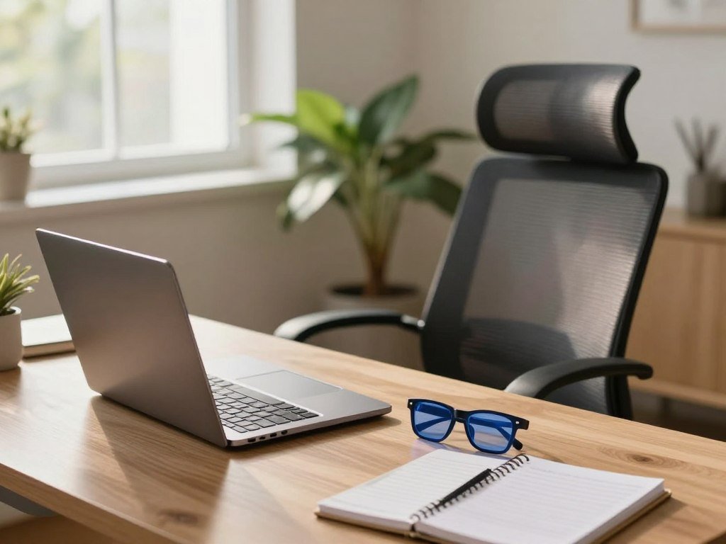 A serene home office scene emphasizing screen time management for eye health. In the foreground, a stylish desk holds a sleek laptop, a pair of blue-light blocking glasses, and a well-organized planner. In the middle ground, a comfortable ergonomic chair is positioned slightly askew, indicating a quick break. A stylish indoor plant adds a touch of nature, promoting a refreshing atmosphere. The background features a soft-focus window allowing natural light to stream in gently, illuminating the workspace. The room is decorated with calming, neutral colors and minimalistic decor, fostering a serene yet productive mood. The lighting is warm and inviting, suggesting a tranquil environment, captured from a slightly elevated angle for depth. The image conveys a sense of balance and wellness, perfect for encouraging a healthier approach to screen time.