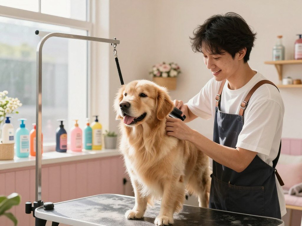 A serene indoor pet grooming salon filled with light, featuring a fluffy golden retriever being gently brushed by a professional groomer in smart casual attire. In the foreground, the groomer smiles, showing care and attention to the dog's wellness, emphasizing a nurturing bond. The middle ground showcases various grooming supplies like brushes, shampoos, and pet wellness products neatly arranged on a counter, indicating a focus on health. The background reveals cozy decor, soft pastel colors, and natural sunlight streaming through a window, creating a warm and inviting atmosphere. The scene conveys a sense of tranquility and professionalism, reflecting the importance of animal wellness and grooming in a pet's life. A serene indoor pet grooming salon filled with light, featuring a fluffy golden retriever being gently brushed by a professional groomer in smart casual attire. In the foreground, the groomer smiles, showing care and attention to the dog's wellness, emphasizing a nurturing bond. The middle ground showcases various grooming supplies like brushes, shampoos, and pet wellness products neatly arranged on a counter, indicating a focus on health. The background reveals cozy decor, soft pastel colors, and natural sunlight streaming through a window, creating a warm and inviting atmosphere. The scene conveys a sense of tranquility and professionalism, reflecting the importance of animal wellness and grooming in a pet's life.
