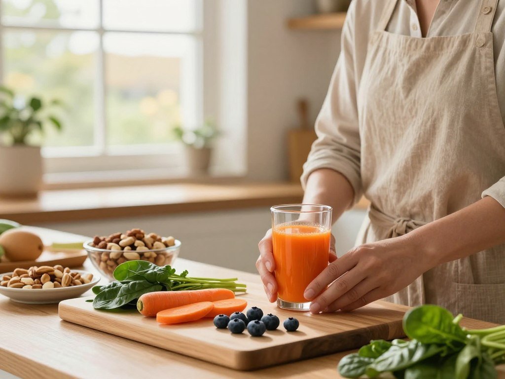 A serene kitchen setting bathed in warm, natural light, featuring a professional in modest casual clothing preparing nutrient-rich foods for eye health. In the foreground, a wooden cutting board holds vibrant ingredients like carrots, spinach, and blueberries. The middle ground displays a bowl of mixed nuts and a glass of fresh carrot juice, showcasing healthy snacks for vision support. In the background, a cozy window with greenery outside adds to the relaxed atmosphere. Soft focus on the horizon with gentle bokeh effects creates a calming mood, emphasizing the importance of nutrition and relaxation techniques. Overall, the scene conveys a sense of wellness and balance in lifestyle habits for better vision.